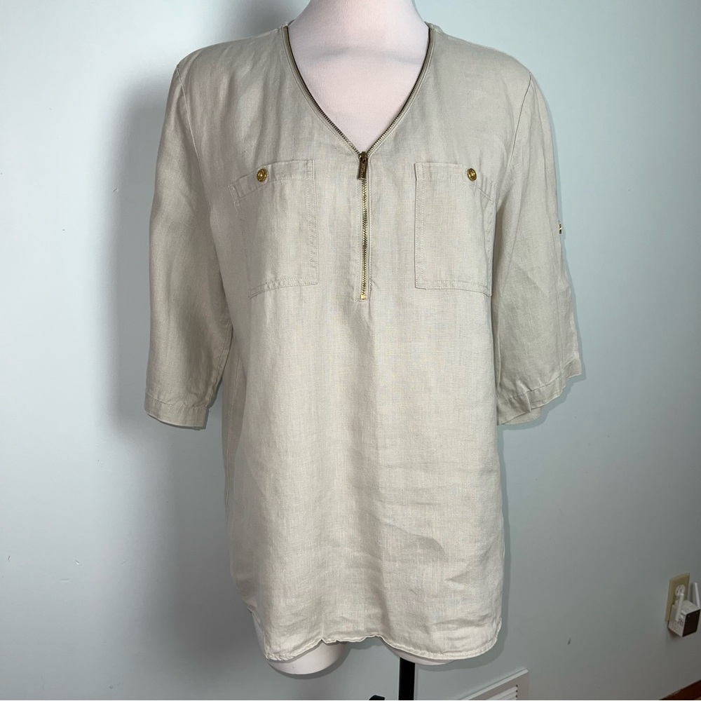 Company Ellen Tracy Linen Blouse Women’s Large Sand Zip Front Roll Sleeve Top